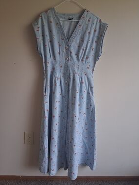 GAP Light Blue Floral Button-Front Maxi Denim Dress